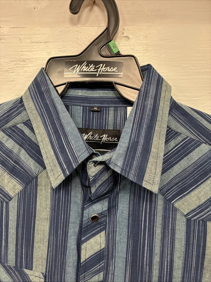 New Men’s White Horse Blue Green Stripe Long Sleeve Pearl Snap XL H-66