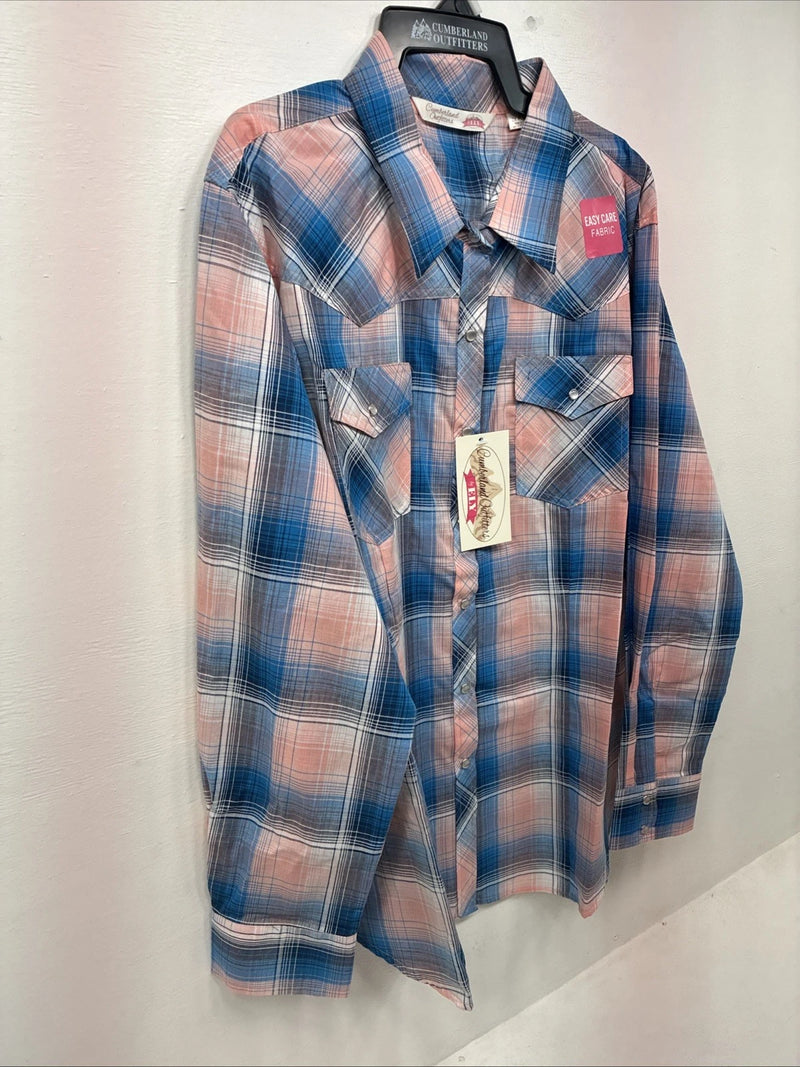 New Women’s Cumberland Pink Blue Plaid Long Sleeve Pearl Snap 2XL GG-80