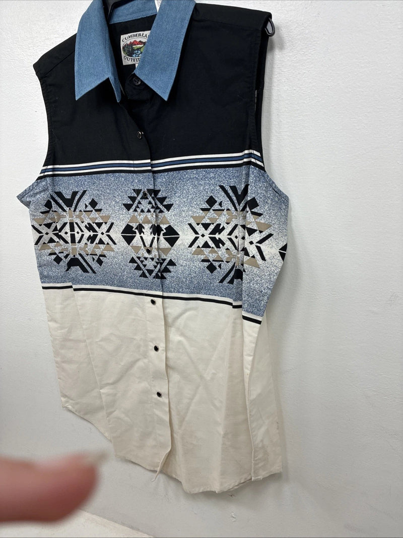 New Women’s Cumberland Blue Design Sleeveless Pearl Snap Large TT-14