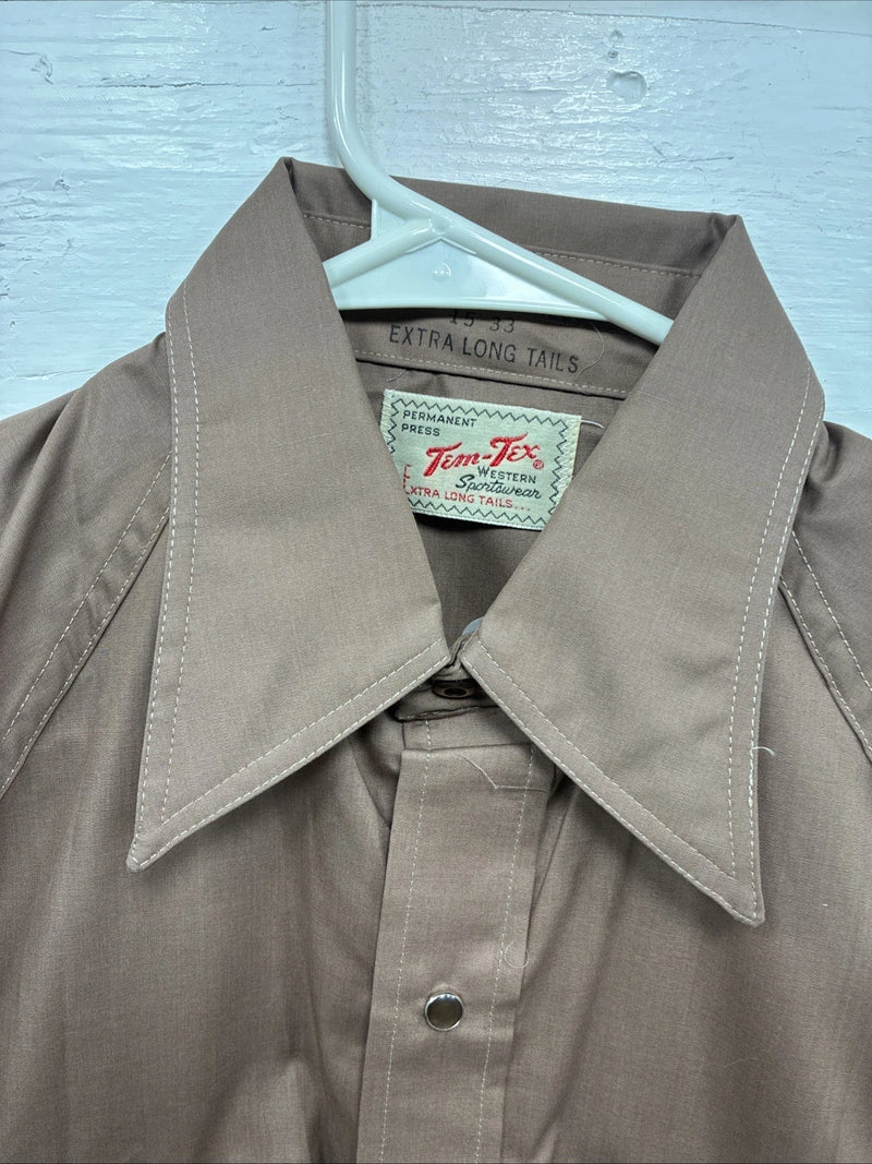 New Men’s Tem Tex Brown Western Long Sleeve Pearl Snap 15 X 33 Medium T-43