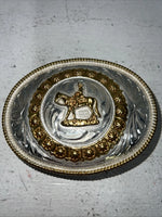 New Women’s Gold Silver Horse Rider Oval Belt Buckle. Flower Boarder F-15