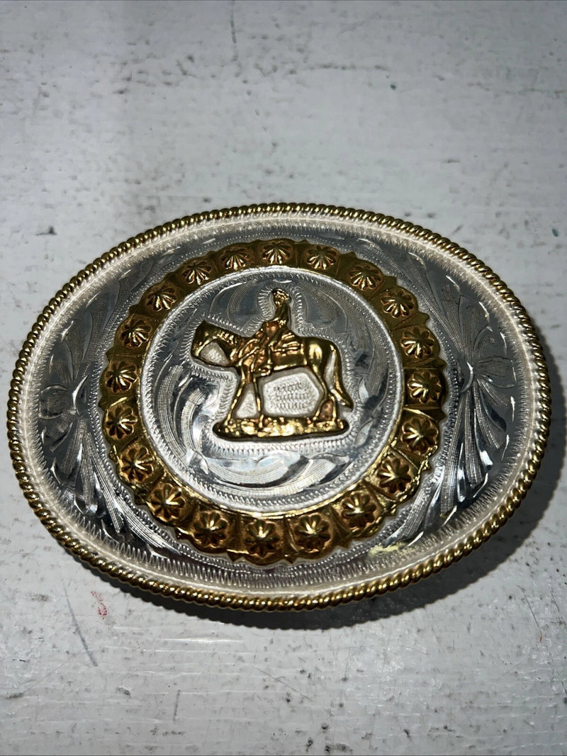 New Women’s Gold Silver Horse Rider Oval Belt Buckle. Flower Boarder F-15