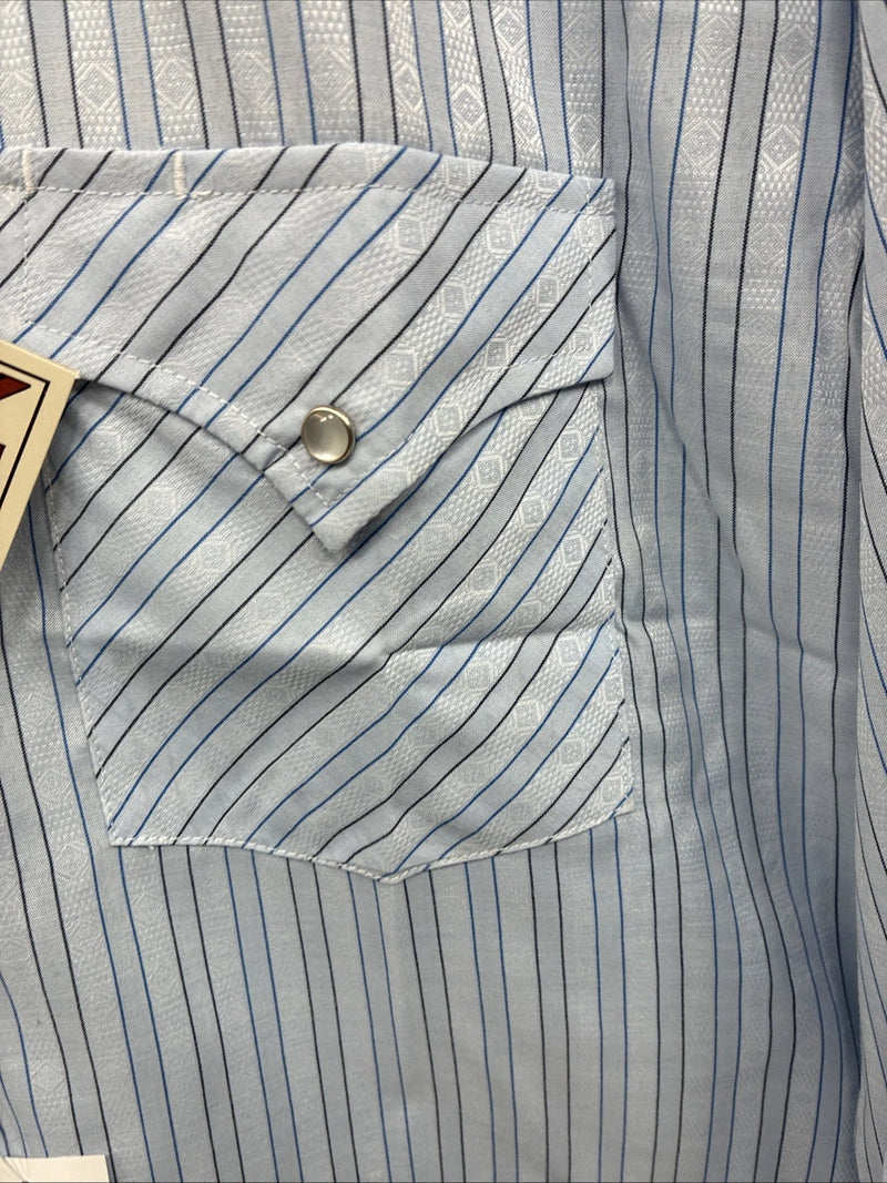 New Men’s ELY Cattleman Blue Stripe Long Sleeve Pearl Snap 15 Medium AA-72