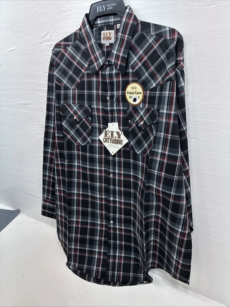 New Men’s ELY Cattleman Black Red Flannel Long Sleeve Pearl Snap 2XL F-93