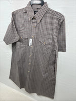 New Men’s White Horse brown Plaid Short Sleeve Pearl Snap Large CC-34