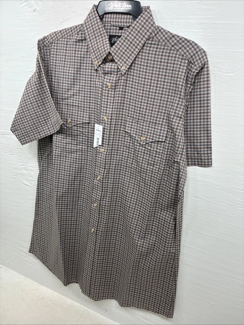 New Men’s White Horse brown Plaid Short Sleeve Pearl Snap Large CC-34