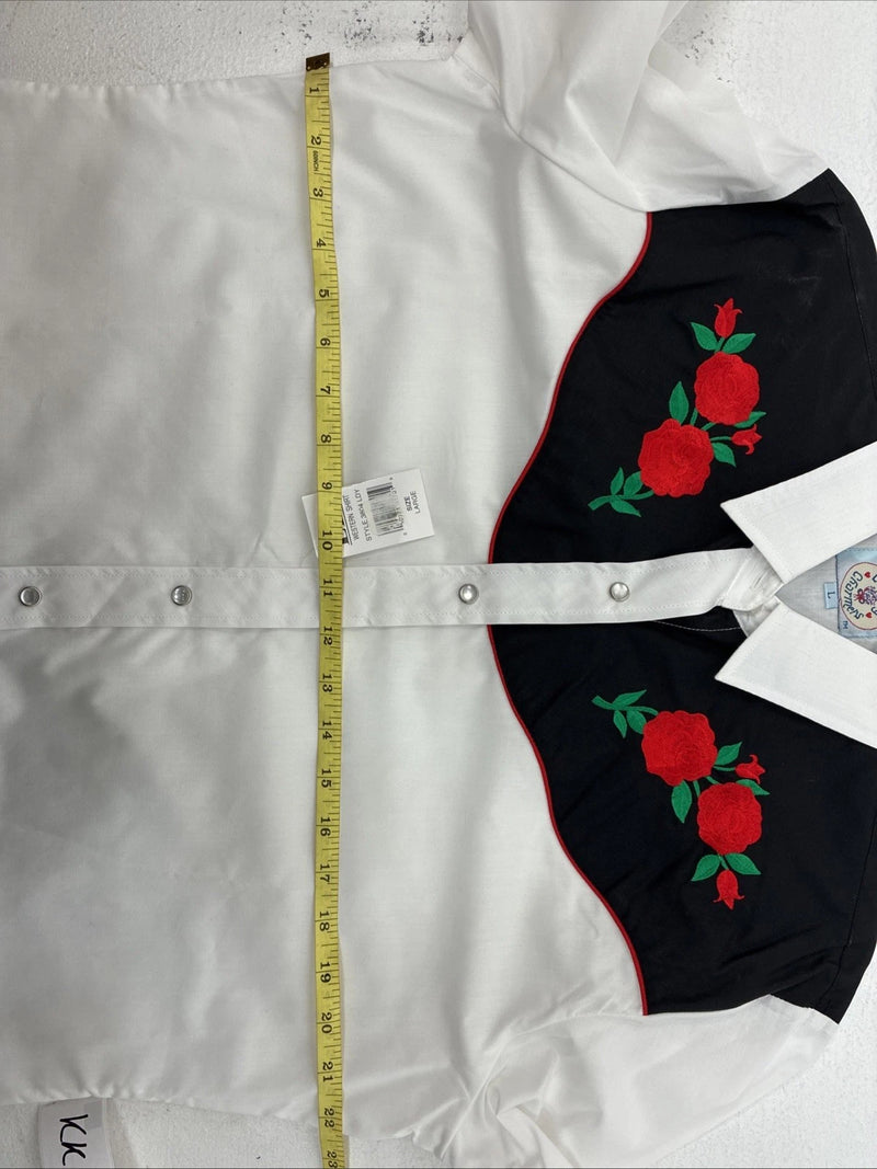 New Women’s Country Charmer White Rose Design Long Sleeve Pearl Snap Large KK-86
