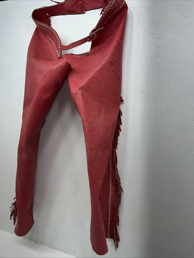 NOS Red Chap-Parel Show Chaps With Fringe Adjustable Waist 38” I-74