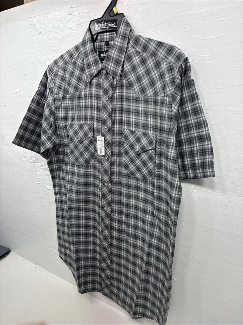 New Men’s White Horse Gray White Plaid Short Sleeve Pearl Snap Large X-39