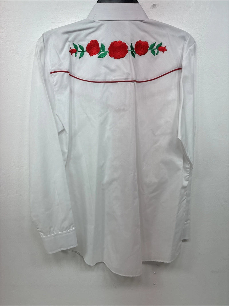 New Women’s Country Charmers White Rose Long Sleeve Pearl Snap Medium LL-55