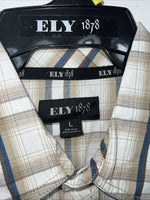 New Men’s Tan Plaid ELY 1878 Long Sleeve Pearl Snap Shirt. Large P-72