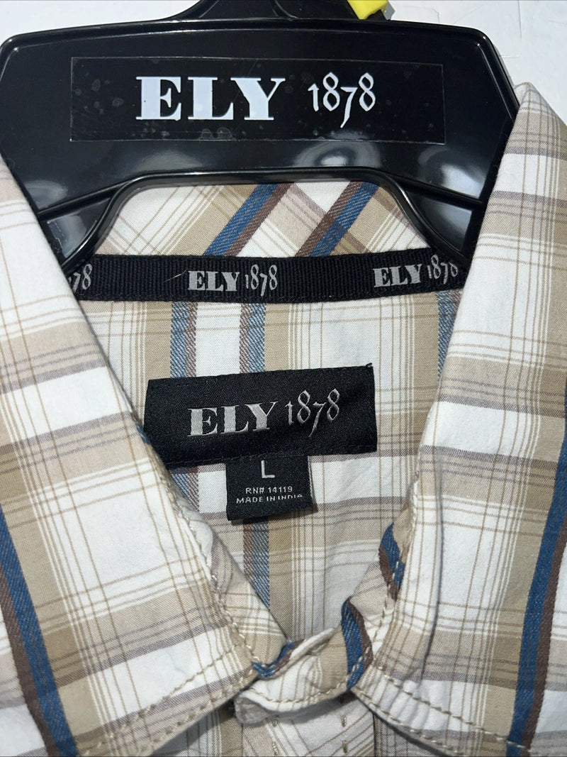 New Men’s Tan Plaid ELY 1878 Long Sleeve Pearl Snap Shirt. Large P-72