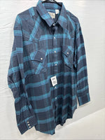 New Men’s ELY Cattleman Blue Plaid Long Sleeve Pearl Snap XL H-74