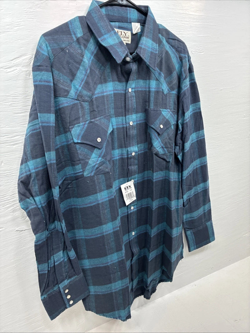 New Men’s ELY Cattleman Blue Plaid Long Sleeve Pearl Snap XL H-74