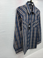 New Men’s ELY 1878 Blue Brown Plaid Long Sleeve Pearl Snap Large Q-32