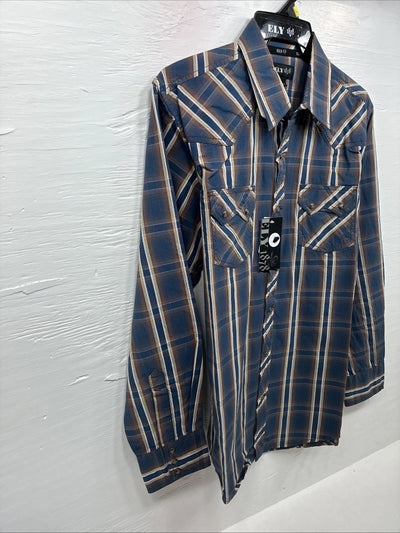 New Men’s ELY 1878 Blue Brown Plaid Long Sleeve Pearl Snap Large Q-32