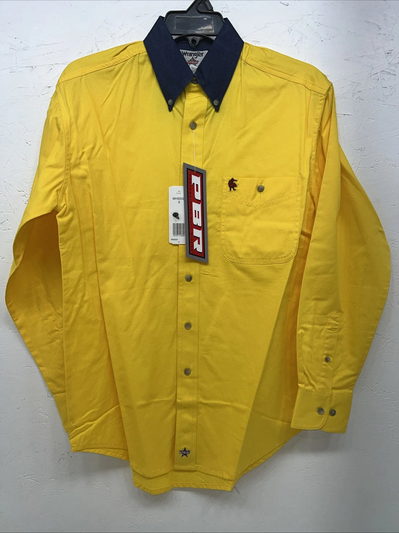 New Men’s Wrangler PBR Denim Collar Yellow Long Sleeve Button Up Small A-202