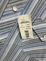 New Women’s White Horse Blue Stripe Long Sleeve Pearl Snap Large YY-124
