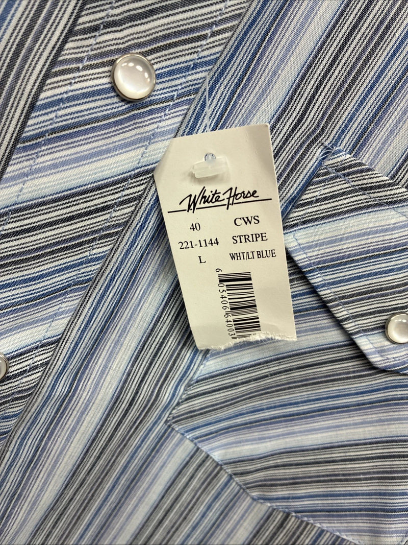 New Women’s White Horse Blue Stripe Long Sleeve Pearl Snap Large YY-124