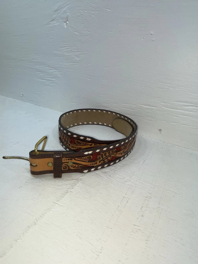 New Red Genuine Leather Longhorn Tooled 30” Belt #82828 JJ-140