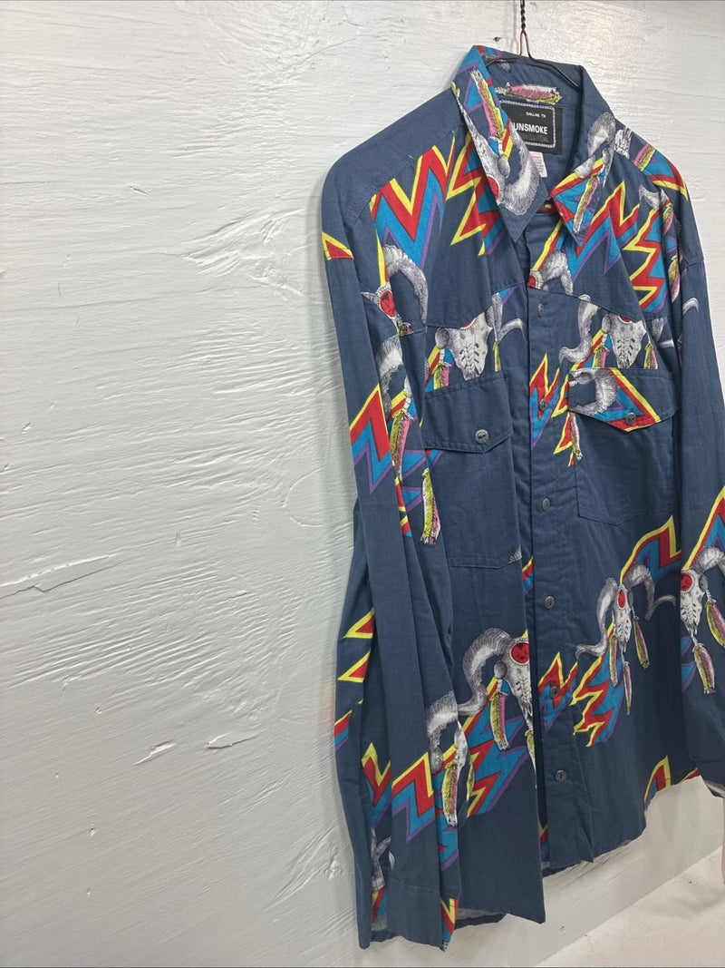 New Men’s GunSmoke Blue Western Design Long Sleeve Button Up Medium V-75