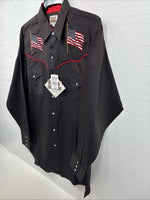 New Men’s ELY Cattleman Black Flag Design Long Sleeve Pearl Snap Large V-49