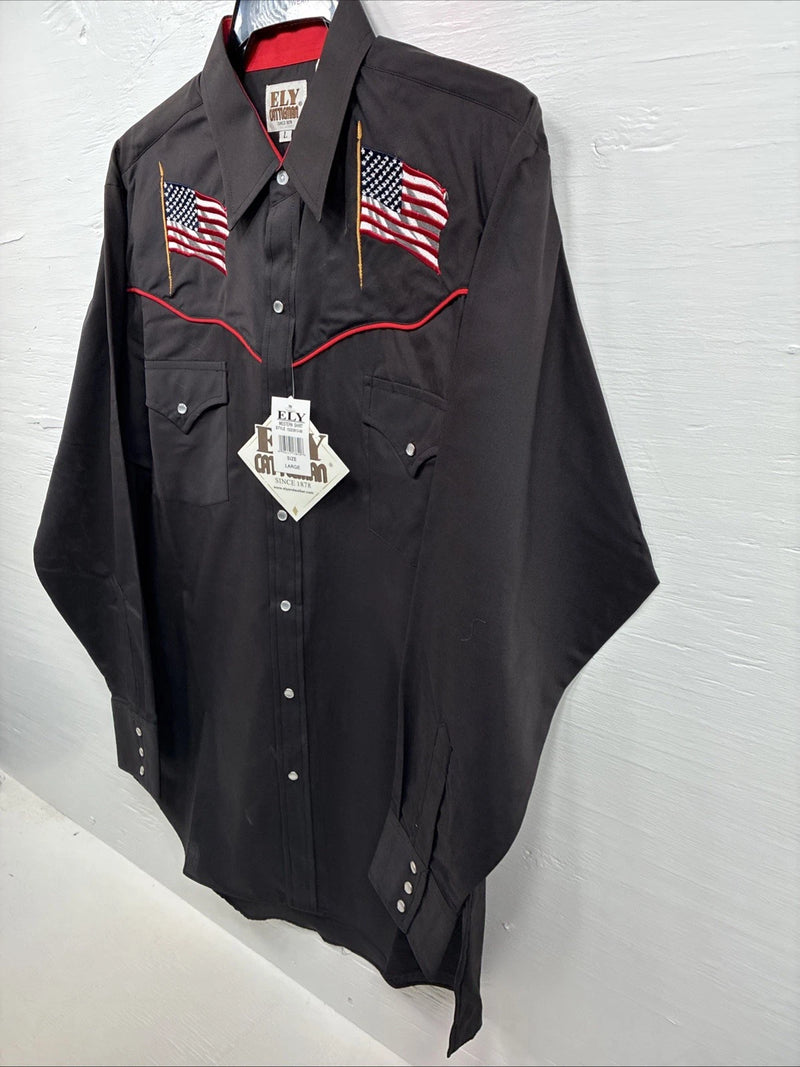 New Men’s ELY Cattleman Black Flag Design Long Sleeve Pearl Snap Large V-49