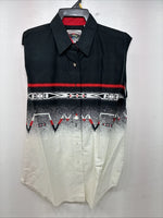 New women’s Cumberland Black White Design Short Sleeve Button Up Large MM-123