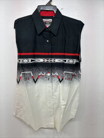 New women’s Cumberland Black White Design Short Sleeve Button Up Large MM-123