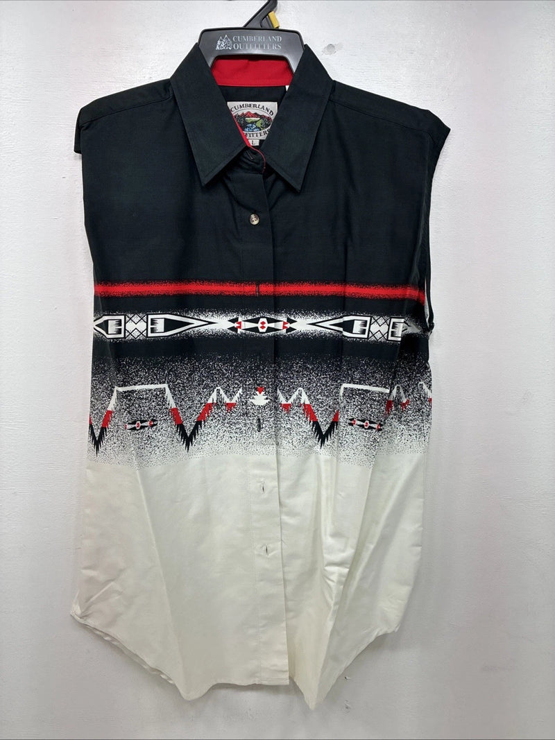New women’s Cumberland Black White Design Short Sleeve Button Up Large MM-123