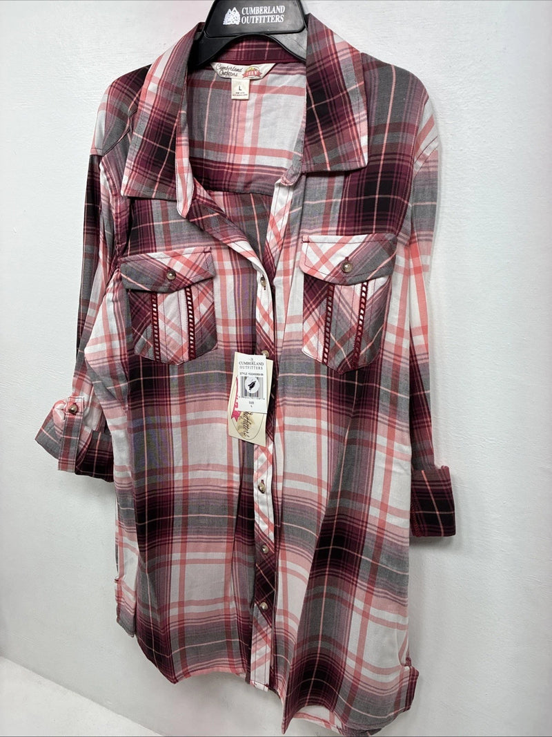 New Women’s Cumberland Pink Plaid Design Long Sleeve Pearl Snap Large II-105