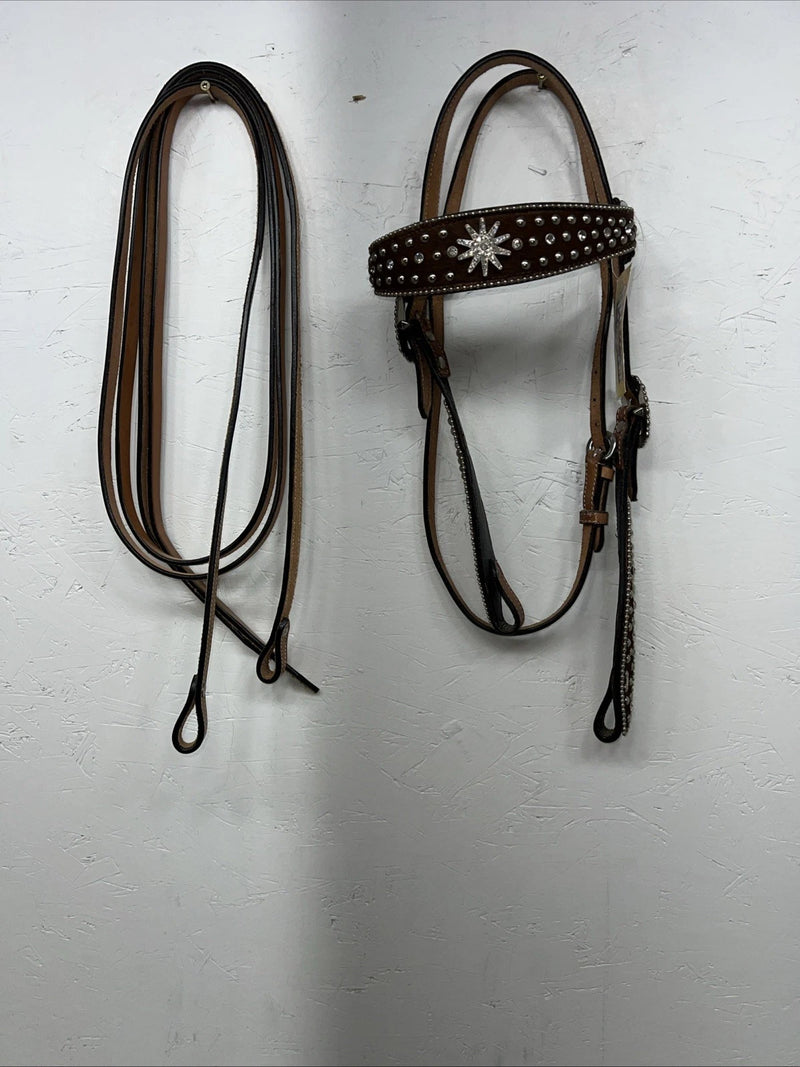 New Leather Silver Royal Beaded Diamond Browband Headstall W Split Reins U-35