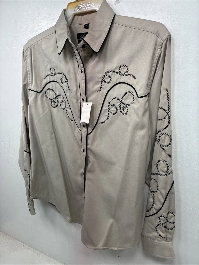 New Women’s White Horse Tan Black Design Long Sleeve Pearl Snap Medium YY-18