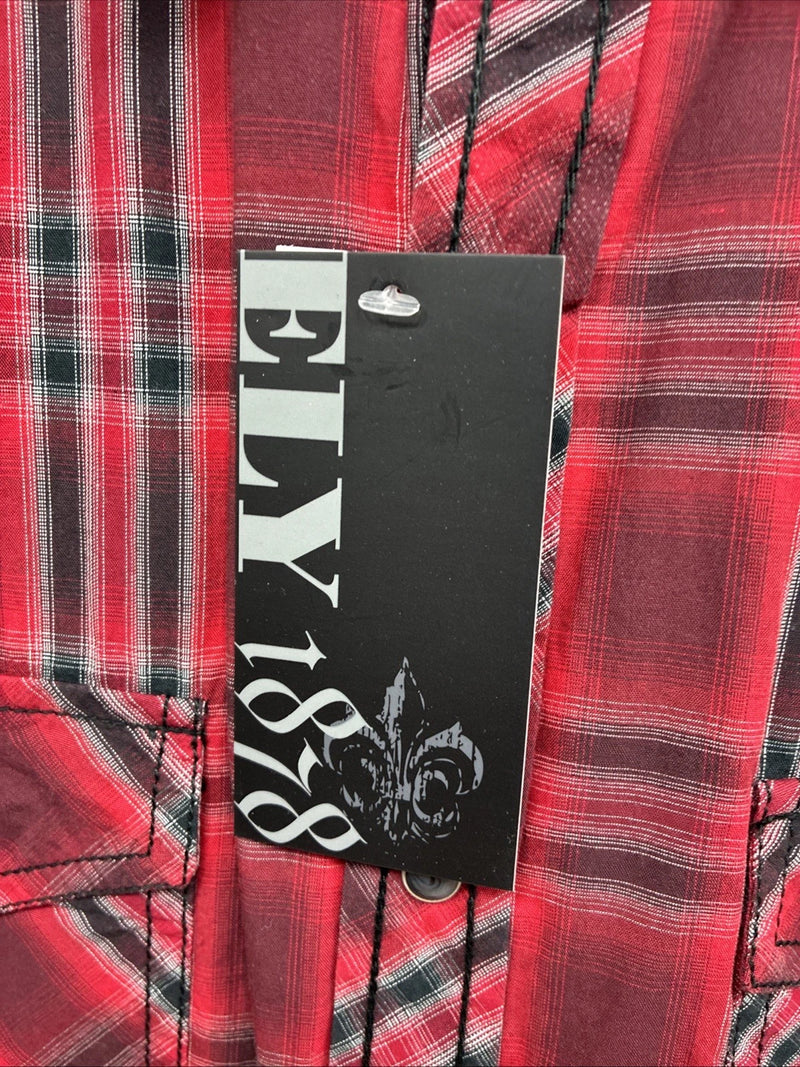 New Men’s ELY 1878 Red Black Plaid Long Sleeve Pearl Snap Large Q-69