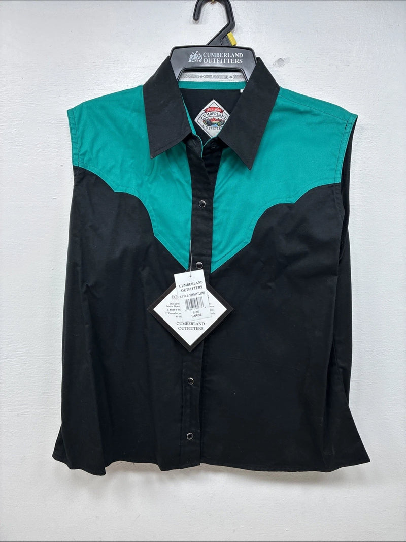 New women’s Cumberland Blue Black Sleeveless Pearl Snap Large TT-30