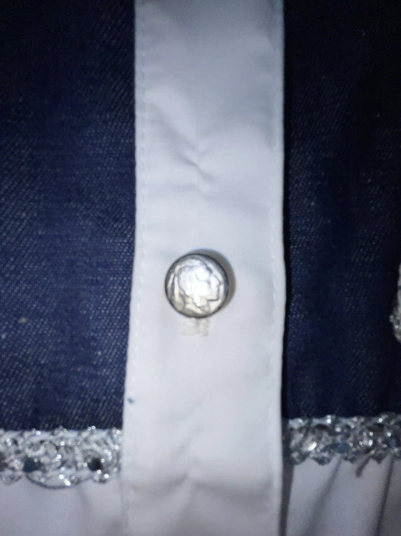 New Women’s Blue White & Bling H Bar C Long Sleeve Button Up Shirt #20119 3B-40