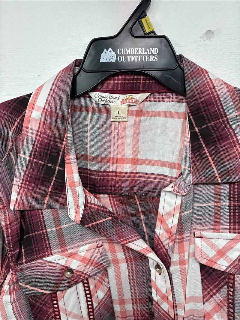 New Women’s Cumberland Pink Plaid Design Long Sleeve Pearl Snap Large II-105