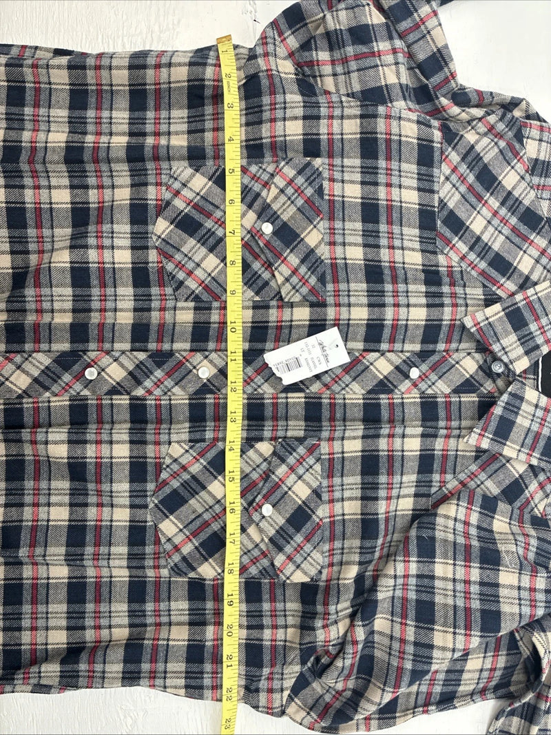 New Men’s White Horse Brown Blue Plaid Long Sleeve Pearl Snap Large Tall X-74