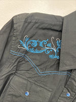 New Women’s Cumberland Black Blue Design Long Sleeve Pearl Snap 1XL LL-107