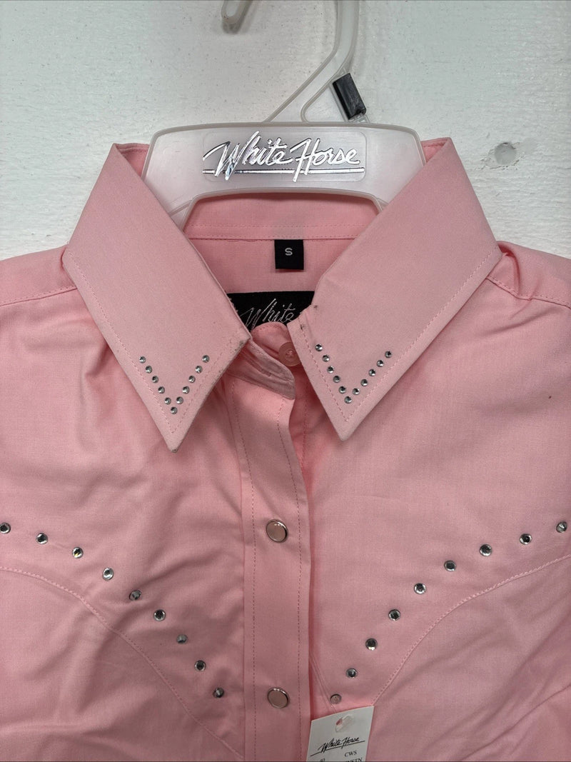New Women’s White Horse Pink Gem Long Sleeve Pearl Snap Small LL-61