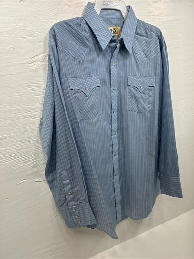 New Men’s ELY Cattleman Blue Stripe Long Sleeve Pearl Snap XL H-82
