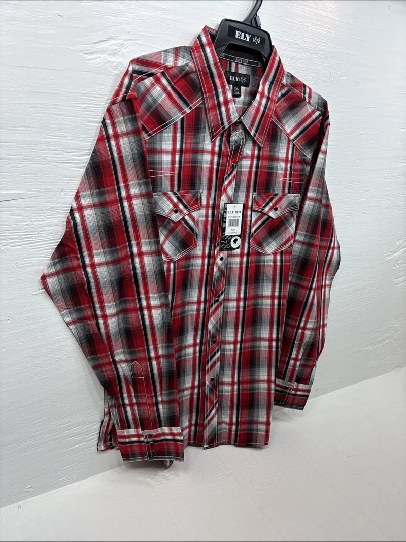New Men’s ELY 1878 Red Flannel Long Sleeve Pearl Snap 2XL F-66