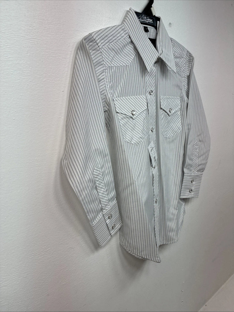 New Kids White Horse Gray Stripe Long Sleeve Pearl Snap Small DD-129