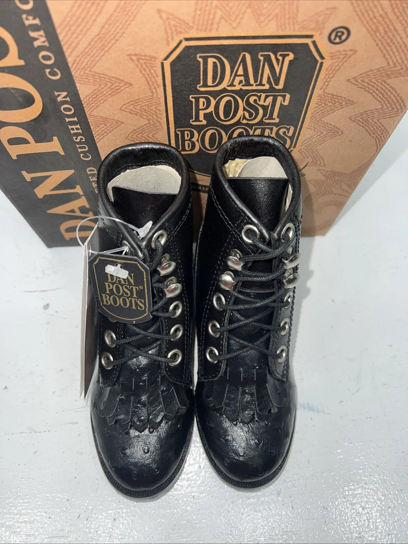 New Infants Black Ostrich Print Lace Up Dan Post Cowboy Boots. 5.5 5 1/2 D. 24-6