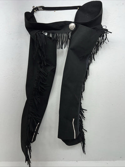New Black Tough 1 Show Chaps With Fringe Adjustable Waist 43” Small N-42