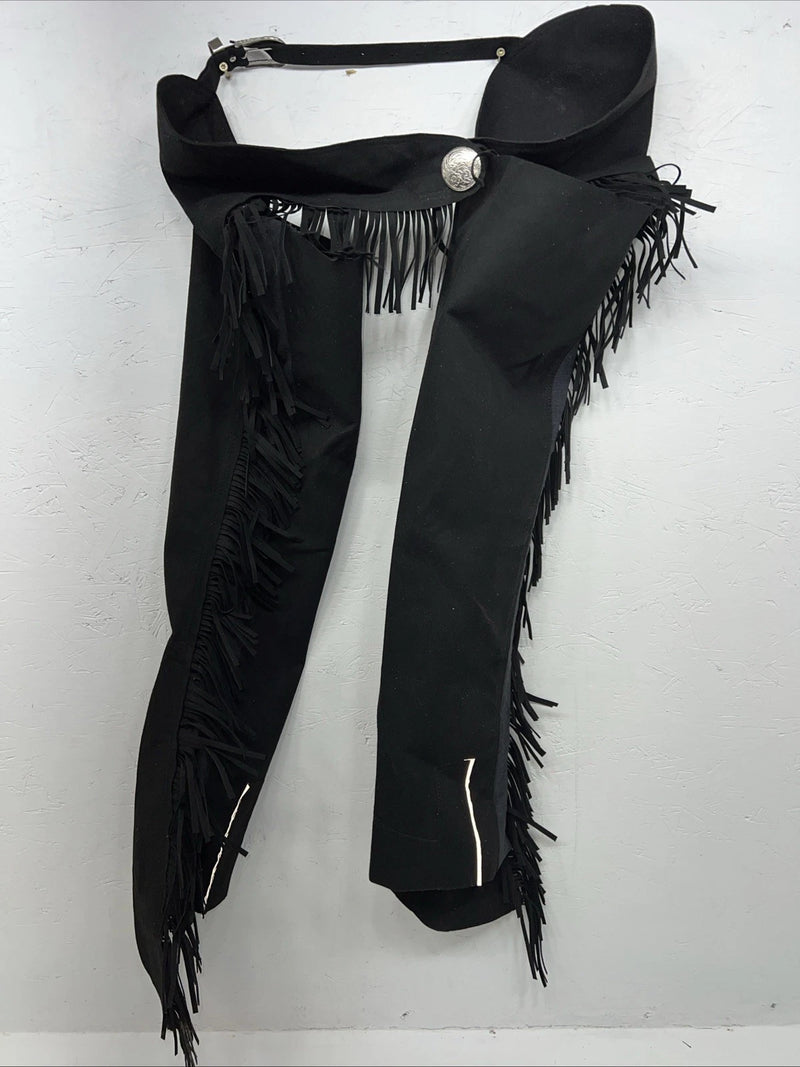 New Black Tough 1 Show Chaps With Fringe Adjustable Waist 43” Small N-42