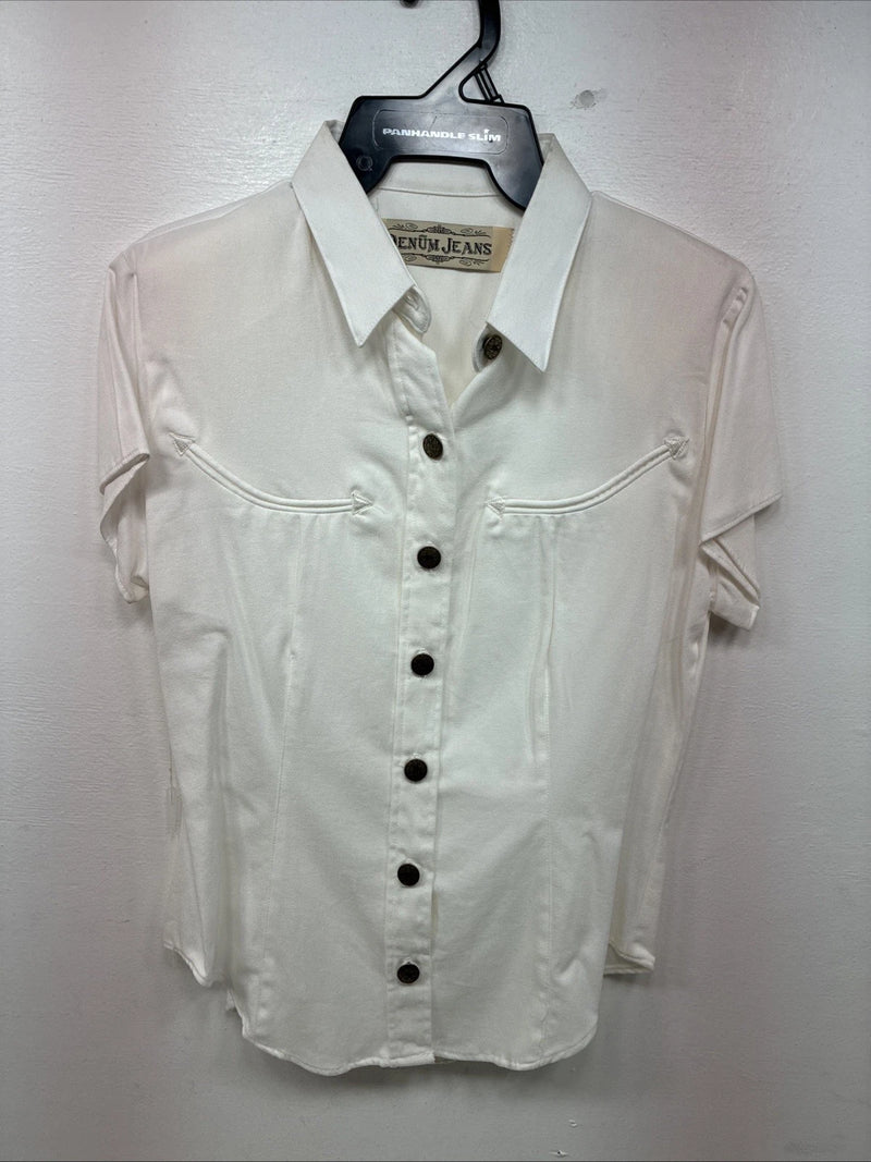 New Women’s Denum Jeans White Short Sleeve Button Up Medium YY-122