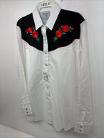 New Women’s Country Charmer White Rose Design Long Sleeve Pearl Snap Large KK-86