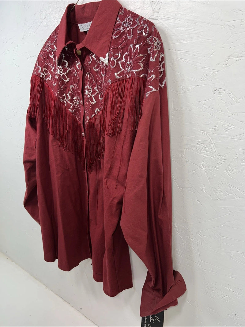 New Women’s Lila Smitty Burgundy Western Show Shirt With Fringe XL #332 UU-14