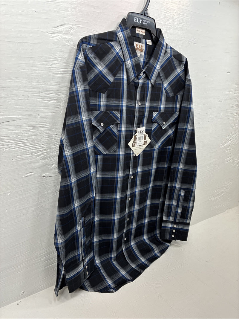 New Men’s ELY Cattleman Black Blue Long Sleeve Pearl Snap 3XL E-38